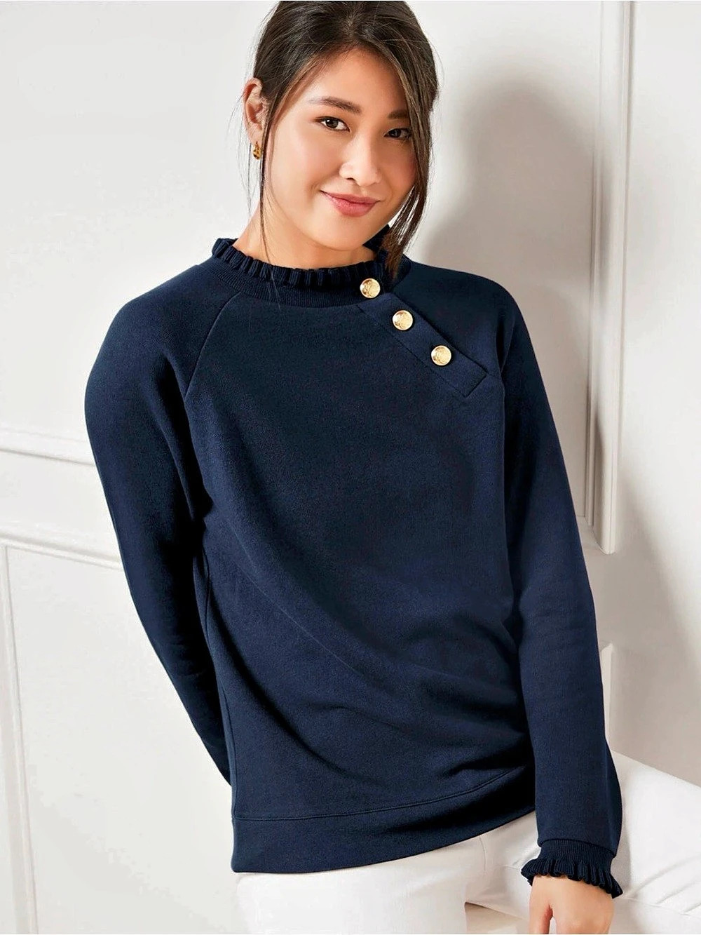 Talbots Long Sleeve Navy Top with Gold Buttons Size Small